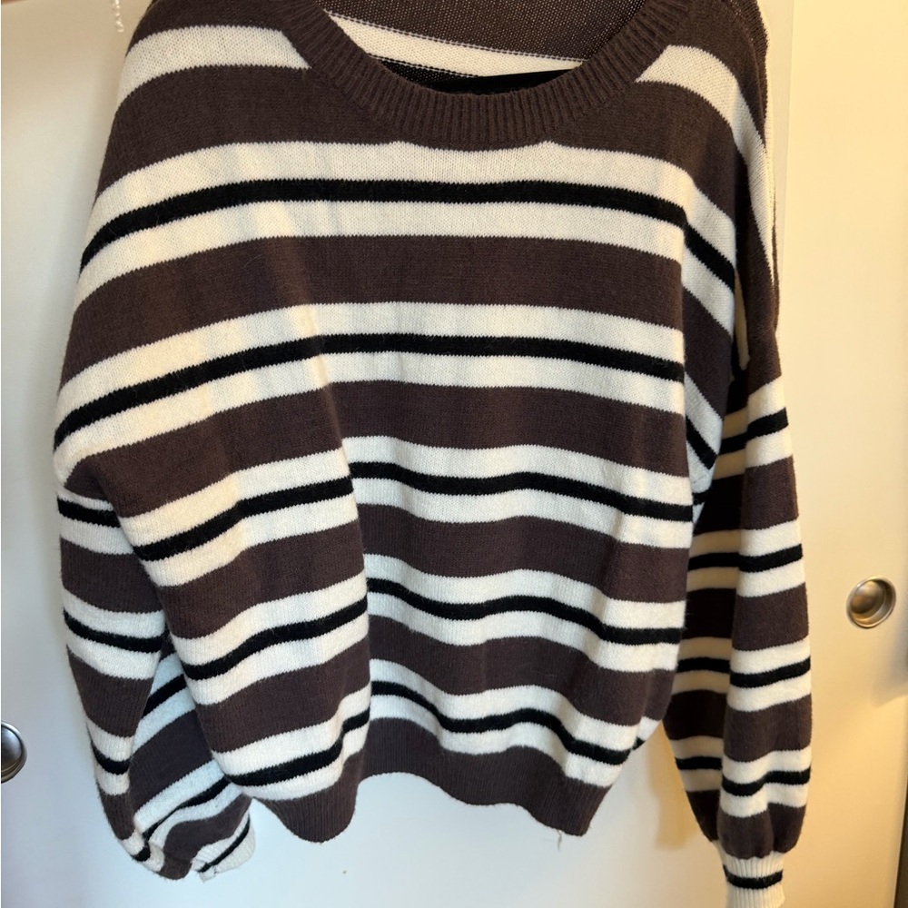Zara Brown, White & Black Striped Crewneck Sweater